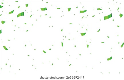 Vector Green confetti png. Golden tinsel, confetti fall from the sky on a White background. Shiny confetti Holiday, birthday, falling paper ribbons, Birthday party decoration