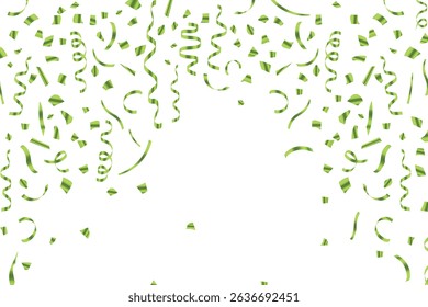 Vector Green confetti png. Golden tinsel, confetti fall from the sky on a White background. Shiny confetti Holiday, birthday, falling paper ribbons, Birthday party decoration