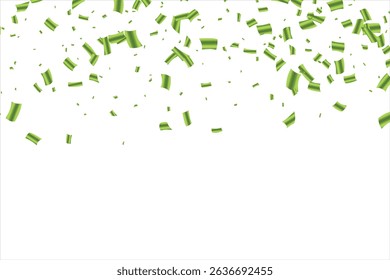 Vector Green confetti png. Golden tinsel, confetti fall from the sky on a White background. Shiny confetti Holiday, birthday, falling paper ribbons, Birthday party decoration