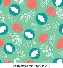 Vector green and coral leaf print skin seamless pattern background. Perfect for fabric, scrapbooking, wallpaper,stationary projects.