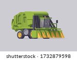 Vector green cotton picker. Round bale cotton harvester. Isolated illustration