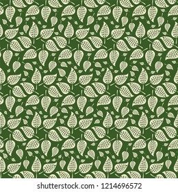 Vector green and cream abstract leaves in circular design as seamless pattern background in ornamental folk art style. Perfect for fabric, scrapbooking, giftwrap, wall paper projects, stationary