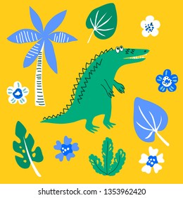 vector green crocodile alligator cute cartoon illustration with palm flowers set on yellow