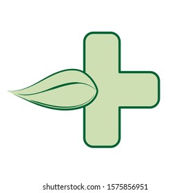 Vector green cross icon with leaf isolated on white background. Logo template for drugstore or pharmacy
