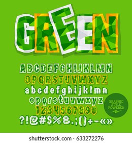 Vector green crumpled paper alphabet letters, numbers and punctuation symbols. Bright card with text Green