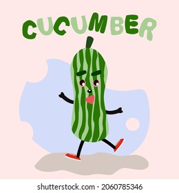 Vector of green cucumber characters that are childish. flat cartoon design of a pleasant happy cucumber  character.