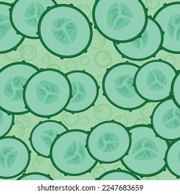 vector green cucumber slices seamless pattern on a bubbles background. Works pretty nice on fabric, wallpaper, accessories for the kitchen, packaging for cosmetic products.