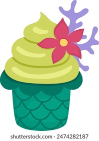 Vector green cup cake with pink flower, purple seaweeds, fish scales. Cute marine cupcake. Mermaid or underwater princess dessert. Cartoon ocean or sea sweet food illustration
