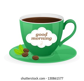 Vector green cup of coffee and text