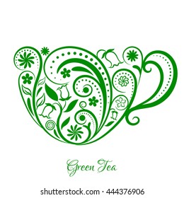 Vector Green Cup of Tea. Cup with floral design elements. Menu for restaurant, cafe, bar, tea-house. vector illustration. Green tea time.