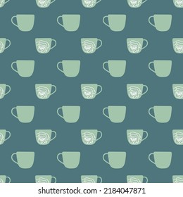 Vector green cups with white flowers, stripes seamless background. Excellent for fabric, scrapbooking, wallpaper projects, backgrounds, invitations, design projects. Surface pattern design.
