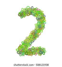 Vector green curly fluffy number two isolated on white background