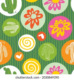 Vector green cute cactus and daisy flowers seamless repeat pattern with circles and stripes. Suitable for textile, gift wrap and wallpaper.