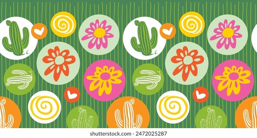Vector green cute cactus and daisy flowers horizontal border pattern with circles and stripes. Suitable for posters and greeting cards.