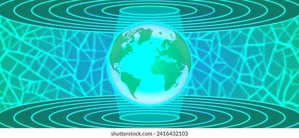 Banner verde vectorial 3D de cian. Holograma del planeta Tierra en el centro de un espacio circular. Afiche cibernético virtual. Medio ambiente y ecología.
