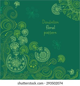 vector green dandelion floral pattern of spirals, swirls, doodles