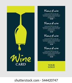 vector green and dark blue wine card with glass and drops