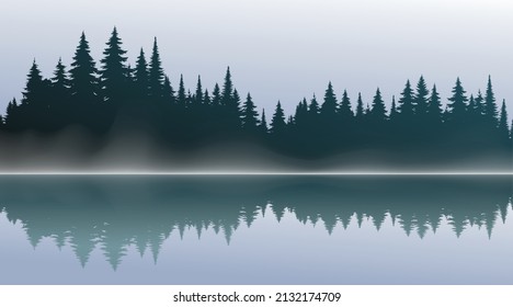 Vektorgrüne, dunkle Waldhintergrund, Silhouette des Nadelwaldes, Vektorgrafik. Saisonbäume am See, Reflexion in der Wasserfichte, Tanne. Horizontale Landschaft.	