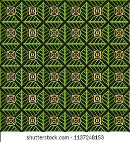 Vector Green Decorative Leaves Seamless Pattern. Abstract Grid Background. Geometric floral texture.