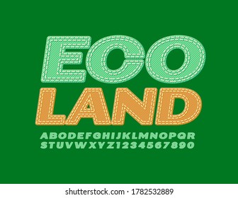 Denim verde vectorial, signo Eco Land. Moderno tipo jeans Font. Letras y números de alfabeto de tela moderna