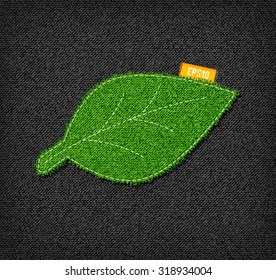 Hojas cosidas de denim verde vectorial con franjas y una etiqueta 