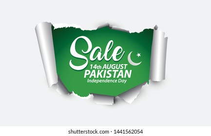 Vector green design, Illustration, torn paper of Pakistan Icons, flag, and Sale for 14th August pakistan independence Day.