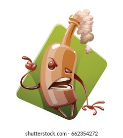 Vector green diamond-shaped frame with cartoon image of a funny brown bottle of beer with arms and legs, displeased standing on a white background. Alcohol, party, drink. Vector illustration.