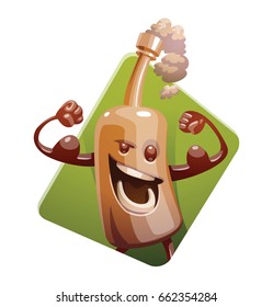 Vector green diamond-shaped frame with cartoon image of a funny brown bottle of beer with arms and legs, showing muscles and smiling on a white background. Alcohol, party, drink. Vector illustration.