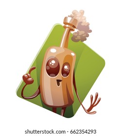 Vector green diamond-shaped frame with cartoon image of a funny brown bottle of beer with arms and legs, embarrassedly standing on a white background. Alcohol, party, drink. Vector illustration.