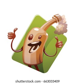 Vector green diamond-shaped frame with cartoon image of a funny brown bottle of beer with arms and legs, showing thumbs up and smiling on a white background. Alcohol, party, drink. Vector illustration