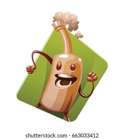 Vector green diamond-shaped frame with cartoon image of a funny brown bottle of beer with arms and legs, running somewhere and smiling on a white background. Alcohol, party, drink. Vector illustration