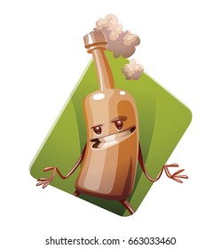 Vector green diamond-shaped frame with cartoon image of a funny brown bottle of beer with arms and legs, mysteriously smiling on a white background. Alcohol, party, drink. Vector illustration.