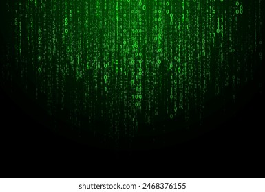 Vector green digital code rain in a Matrix inspired futuristic style. High-tech backdrop with glowing binary characters