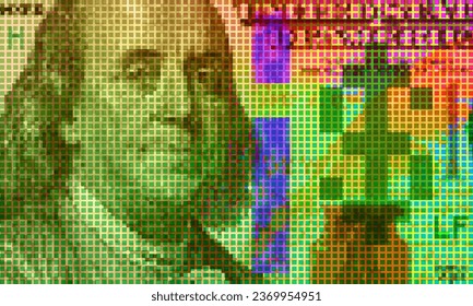 Vector green dollar. Digital currency. Pixel mosaic usa 100 dollar bill. Portrait of Franklin. Banner or poster