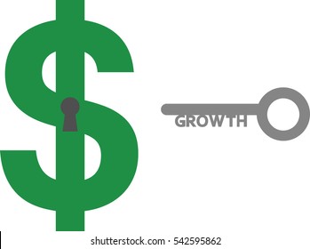 Vector green dollar symbol with keyhole and grey growth key.