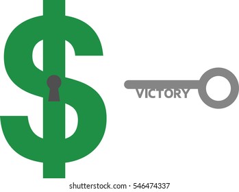 Vector green dollar symbol with keyhole and grey victory key.