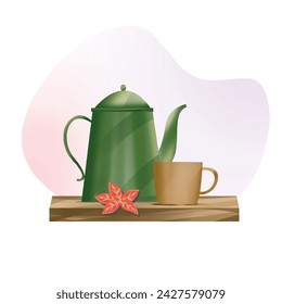 Vector of a green drinking water kettle and teacup which are very familiar to Indonesian families. Isolated with white background.