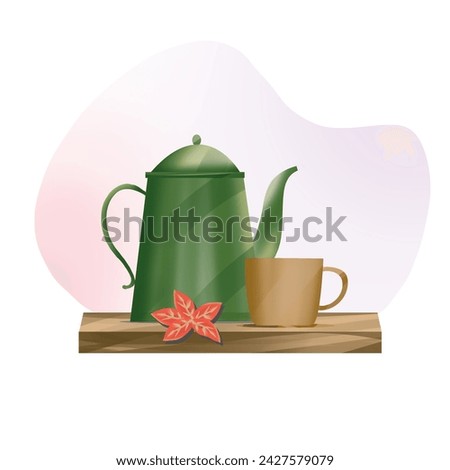 Vector of a green drinking water kettle and teacup which are very familiar to Indonesian families. Isolated with white background.