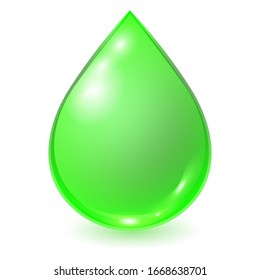 Vector green drop isolated on white background. Falling droplet suitable for ecological template. Realistic illustration.