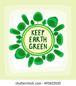 vector green earth illustration with flat cartoon trees in round sphere style