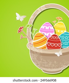 Vector green Easter background with eggs in basket