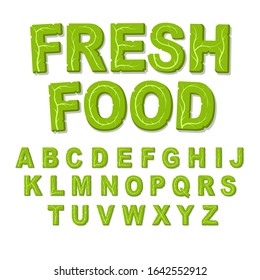 Vector green eco alphabet. Perfectly suited for healthy restaurants and green brands, like: vegan places, cooking website, veggie recipes blog. Font for t-shirts and cards. Isolated illustration.