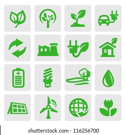 vector green eco energy icons set on gray