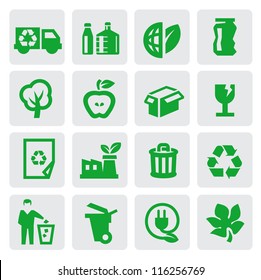 vector green eco energy icons set on gray