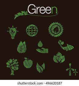 Vector green eco icons set hand drawn