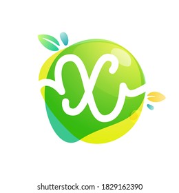 Vector green eco letter X logo. Vegan, raw, healthy food signs template for cafe labels, restaurants posters, organic packaging etc.