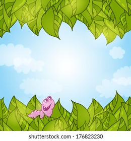 Vector green eco template with leaves and pretty worm