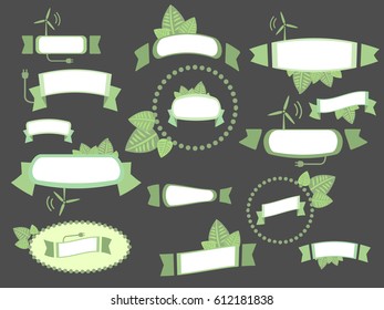 Vector green ecology ribbons set. Elements isolated on dark background. Fourteen light colored ribbons for text, banners with leaves, plant, energy-saving elements in frames