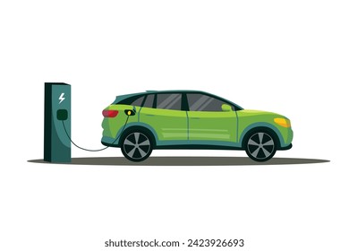 Vector green electric car charging, charging station concept. Vector cartoon flat elements