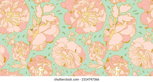 Vector green elegant botany realistic festive peony botanical pattern, peony blossom in dusty pink. All over print. For wedding, event, birthday and stationary.